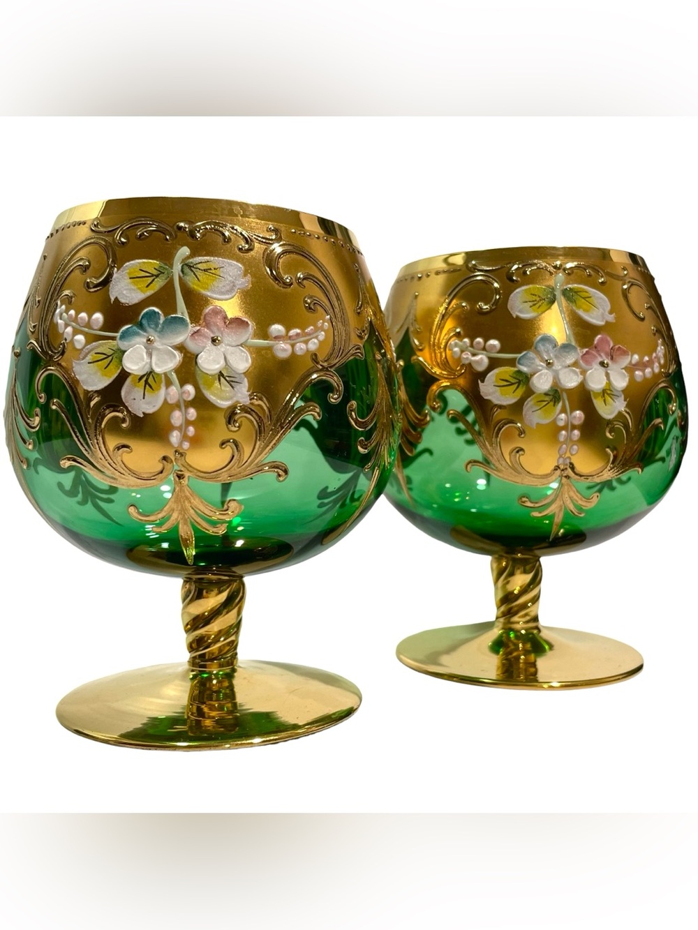 Vintage 1950s Venetian Murano Tre Fuochi 24K Emerald Green Glass Brandy Snifters